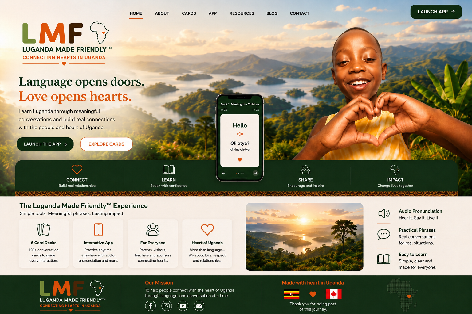 Luganda Made Friendly homepage visual with Brighton, scenic Uganda background, and app preview